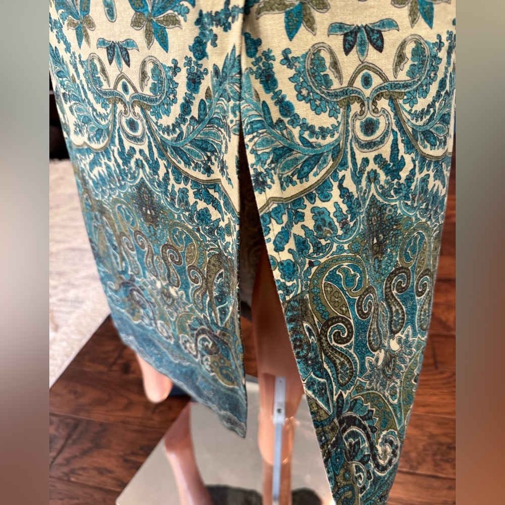 Linen Blend Paisley Midi Skirt High Waist Back Slit Size 12 Blue Tan - Picture 6 of 8